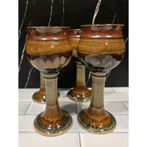 Studio Pottery Wine Goblets/Chalices (4) Hand Crafted Artist JT Brown Cream 7" - Picture 12 of 16